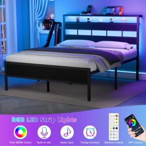 Queen Bed Frame with Storage Headboard and LED Lights, Metal Bedframe with Charging Station and USB Port, Queen Size Platform Bed with Heavy Duty Slats, No Box Spring Needed, Black Oak - Image 6
