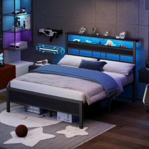 Queen Bed Frame with Storage Headboard and LED Lights, Metal Bedframe with Charging Station and USB Port, Queen Size Platform Bed with Heavy Duty Slats, No Box Spring Needed, Black Oak - Image 2