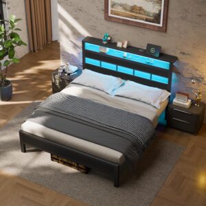Queen Bed Frame with Storage Headboard and LED Lights, Metal Bedframe with Charging Station and USB Port, Queen Size Platform Bed with Heavy Duty Slats, No Box Spring Needed, Black Oak - Image 7