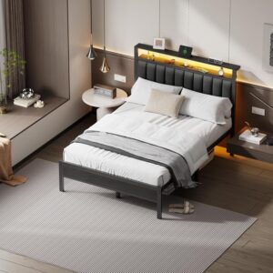 Queen Size Bed Frame with Charging Station and LED Lights, Platform Bed with Metal Slats, Grey Upholstered Headboard with 2-Tier Storage Shelves, No Box Spring Needed - Image 3