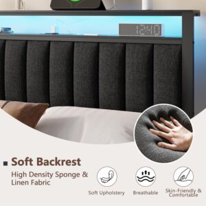 Queen Size Bed Frame with Charging Station and LED Lights, Platform Bed with Metal Slats, Grey Upholstered Headboard with 2-Tier Storage Shelves, No Box Spring Needed - Image 4