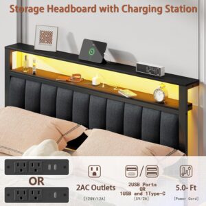 Queen Size Bed Frame with Charging Station and LED Lights, Platform Bed with Metal Slats, Grey Upholstered Headboard with 2-Tier Storage Shelves, No Box Spring Needed - Image 5