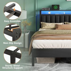 Queen Size Bed Frame with Charging Station and LED Lights, Platform Bed with Metal Slats, Grey Upholstered Headboard with 2-Tier Storage Shelves, No Box Spring Needed - Image 6