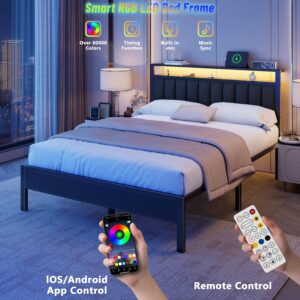 Queen Size Bed Frame with Charging Station and LED Lights, Platform Bed with Metal Slats, Grey Upholstered Headboard with 2-Tier Storage Shelves, No Box Spring Needed - Image 7