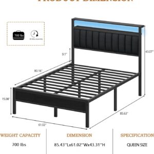 Queen Size Bed Frame with Charging Station and LED Lights, Platform Bed with Metal Slats, Grey Upholstered Headboard with 2-Tier Storage Shelves, No Box Spring Needed - Image 8