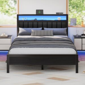 Queen Size Bed Frame with Charging Station and LED Lights, Platform Bed with Metal Slats, Grey Upholstered Headboard with 2-Tier Storage Shelves, No Box Spring Needed - Image 9
