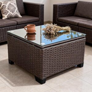 Wicker Patio Furniture - Square Outdoor Coffee Table, with Tempered Glass Tabletop & Rust-Resistant Coated Steel Frame, Compatible with Sectional Sofas, Ideal for Garden, Pool, Balcony, Black - Image 1