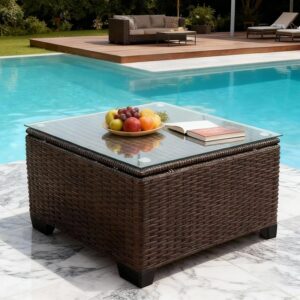Wicker Patio Furniture - Square Outdoor Coffee Table, with Tempered Glass Tabletop & Rust-Resistant Coated Steel Frame, Compatible with Sectional Sofas, Ideal for Garden, Pool, Balcony, Black - Image 2