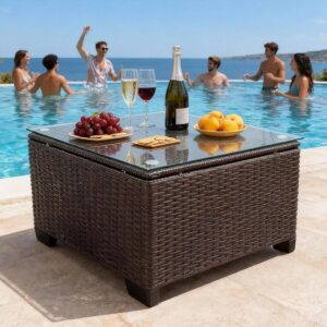 Wicker Patio Furniture - Square Outdoor Coffee Table, with Tempered Glass Tabletop & Rust-Resistant Coated Steel Frame, Compatible with Sectional Sofas, Ideal for Garden, Pool, Balcony, Black - Image 5