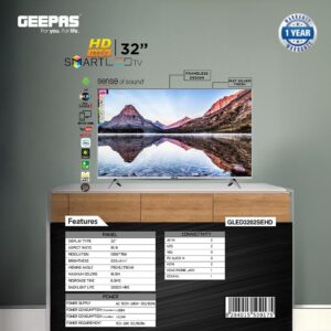 GEEPAS 32 Inch HD Smart LED TV With Remote Control, HDMI And USB Ports, Head Phone Jack, PC Audio In ,Wi-Fi, Android 14.0 With E-Share,YouTube Etc GLED3202SCHD Black - Image 8