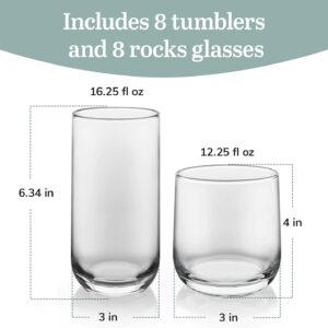 Libbey Ascent Tumbler and Rocks Drinking Glasses Set of 16, Glass Drinking Glasses with Curvature, Versatile Glassware Set for Parties and More - Image 2