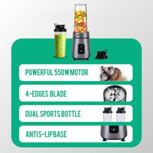 CAROSKI Smoothie Maker 550W High Speed Blender – 2 × 600ml Travel Bottles, Stainless Steel Blades, 100% Copper Motor, On/Off Switch, Anti-Slip Base, VDE Plug, Perfect for Juices, Shakes & Smoothies - Image 4