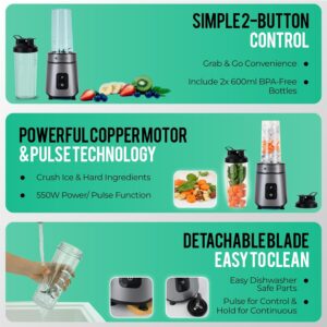 CAROSKI Smoothie Maker 550W High Speed Blender – 2 × 600ml Travel Bottles, Stainless Steel Blades, 100% Copper Motor, On/Off Switch, Anti-Slip Base, VDE Plug, Perfect for Juices, Shakes & Smoothies - Image 6
