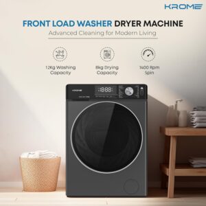 Krome Front Loading Washer Dryer Machine | 12 Kg Washing | 8 Kg Drying|1400 RPM Spin| Variable Temperature| Foam Sensing & Removal | Direct Driver Motor | Auto Restart | Auto Balance | Load Detect | Child Lock 12 kg KR-WD128STI Titanium - Image 5