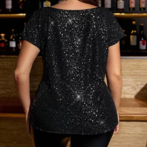 Women's Plus Size Blouse Round Neck Short Sleeve Glitter Waist Fit Tops Glam Blouse Spring Summer Chic Blouse Party Light Top - Image 2