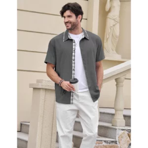 MAGCOMSEN Mens Linen Look Button Down Shirt Short Sleeve Casual Breathable Summer Beach Wedding Vacation Daily - Image 2