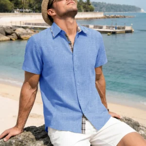 MAGCOMSEN Mens Linen Look Button Down Shirt Short Sleeve Casual Breathable Summer Beach Wedding Vacation Daily - Image 6