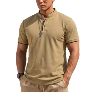 Summer Short Sleeve Henley Shirt Men Button Polo Shirts Classic Collarless T-Shirts for Men Luxury Breathable Hiking T-shirt Gym - Image 2