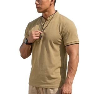 Summer Short Sleeve Henley Shirt Men Button Polo Shirts Classic Collarless T-Shirts for Men Luxury Breathable Hiking T-shirt Gym - Image 10
