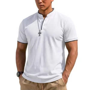 Summer Short Sleeve Henley Shirt Men Button Polo Shirts Classic Collarless T-Shirts for Men Luxury Breathable Hiking T-shirt Gym - Image 7