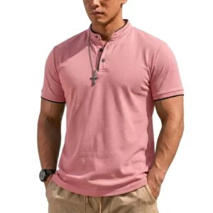 Summer Short Sleeve Henley Shirt Men Button Polo Shirts Classic Collarless T-Shirts for Men Luxury Breathable Hiking T-shirt Gym - Image 5