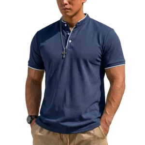 Summer Short Sleeve Henley Shirt Men Button Polo Shirts Classic Collarless T-Shirts for Men Luxury Breathable Hiking T-shirt Gym - Image 4