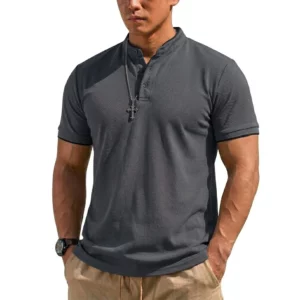 Summer Short Sleeve Henley Shirt Men Button Polo Shirts Classic Collarless T-Shirts for Men Luxury Breathable Hiking T-shirt Gym - Image 3