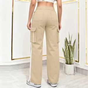Women's Casual Cargo Pants Multi-Pocket Side Stripe Sports Style Button Waist Loose Daily Wear Versatile Stylish Long Trousers - Image 2