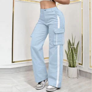Women's Casual Cargo Pants Multi-Pocket Side Stripe Sports Style Button Waist Loose Daily Wear Versatile Stylish Long Trousers - Image 3