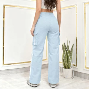 Women's Casual Cargo Pants Multi-Pocket Side Stripe Sports Style Button Waist Loose Daily Wear Versatile Stylish Long Trousers - Image 10