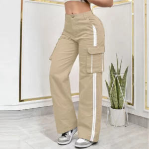 Women's Casual Cargo Pants Multi-Pocket Side Stripe Sports Style Button Waist Loose Daily Wear Versatile Stylish Long Trousers - Image 6