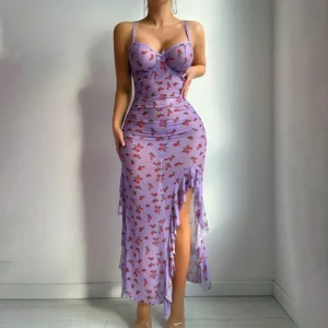 Slim Slit Sleepwear Butterfly Printed Dress Evening Relaxation Dress L M Casual Evening Dress Comfortable Sleepwear - Image 7