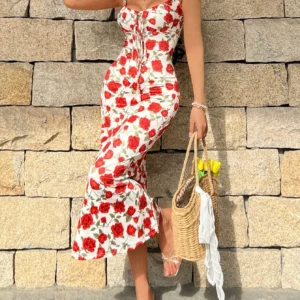 2026 Spring Summer Floral Print Wrap Cami Dress Tie Waist Slim Fit Long Dress Bohemian Beach Style - Image 5
