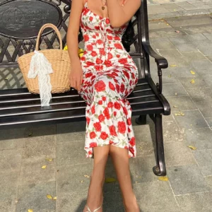 2026 Spring Summer Floral Print Wrap Cami Dress Tie Waist Slim Fit Long Dress Bohemian Beach Style - Image 4