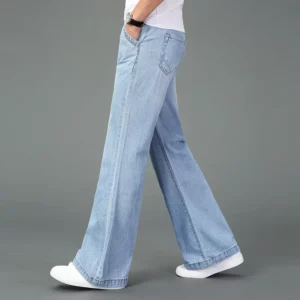 New Men's 2024 Summer Thin Light Weight Wide-Leg Straight Jeans Big Size Business Casual Flare Pants Black Blue High waist - Image 1
