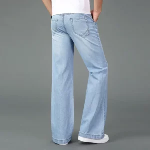 New Men's 2024 Summer Thin Light Weight Wide-Leg Straight Jeans Big Size Business Casual Flare Pants Black Blue High waist - Image 2