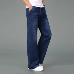 New Men's 2024 Summer Thin Light Weight Wide-Leg Straight Jeans Big Size Business Casual Flare Pants Black Blue High waist - Image 3