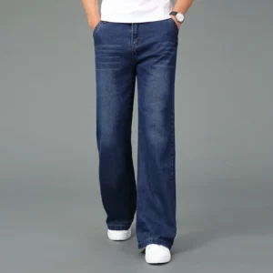 New Men's 2024 Summer Thin Light Weight Wide-Leg Straight Jeans Big Size Business Casual Flare Pants Black Blue High waist - Image 5