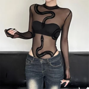 Womens Mesh Long Sleeve Bodysuit Round Neck Sheer Leotards Clothing Snake Bodysuit Top with Crotch Clubwear Gifts - Image 2