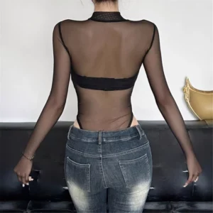 Womens Mesh Long Sleeve Bodysuit Round Neck Sheer Leotards Clothing Snake Bodysuit Top with Crotch Clubwear Gifts - Image 3