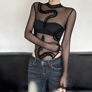 Womens Mesh Long Sleeve Bodysuit Round Neck Sheer Leotards Clothing Snake Bodysuit Top with Crotch Clubwear Gifts - Image 4