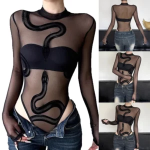 Womens Mesh Long Sleeve Bodysuit Round Neck Sheer Leotards Clothing Snake Bodysuit Top with Crotch Clubwear Gifts - Image 5