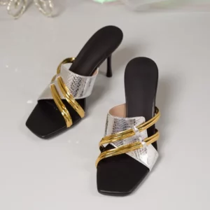 2026 Summer Women's Gold Metallic Crocodile Pattern Square Toe Stiletto Sandals, Casual Party Wedding High Heels, Plus Size - Image 2