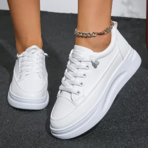 Women White Sneakers Autumn Lace Up Thick Bottom Casual Flats Anti-slip Outdoor Walking Sports Board Shoes Sapatos Femininos - Image 1