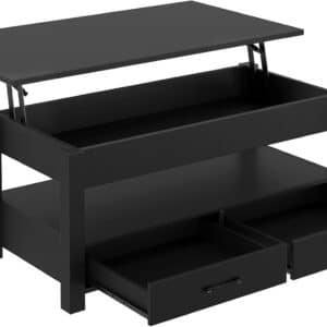 Rolanstar Coffee Table, Lift Top Coffee Table with Drawers and Hidden Compartment, Retro Central Table with Wooden Lift Tabletop, for Living Room, Black - Image 2