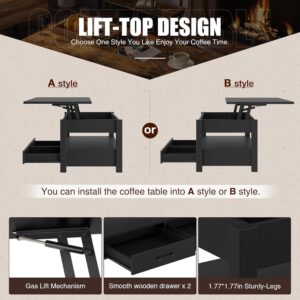 Rolanstar Coffee Table, Lift Top Coffee Table with Drawers and Hidden Compartment, Retro Central Table with Wooden Lift Tabletop, for Living Room, Black - Image 4