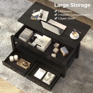 Rolanstar Coffee Table, Lift Top Coffee Table with Drawers and Hidden Compartment, Retro Central Table with Wooden Lift Tabletop, for Living Room, Black - Image 5