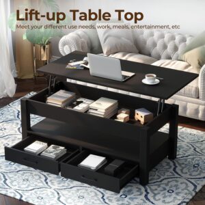 Rolanstar Coffee Table, Lift Top Coffee Table with Drawers and Hidden Compartment, Retro Central Table with Wooden Lift Tabletop, for Living Room, Black - Image 6