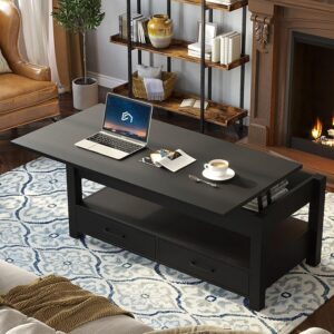 Rolanstar Coffee Table, Lift Top Coffee Table with Drawers and Hidden Compartment, Retro Central Table with Wooden Lift Tabletop, for Living Room, Black - Image 8