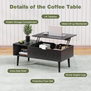 OLIXIS Wood Lift Top Coffee Table with Hidden Compartment and Large Storage Shelf, Lift Tabletop Dining Center Table for Home Living Room Office, Black - Image 4